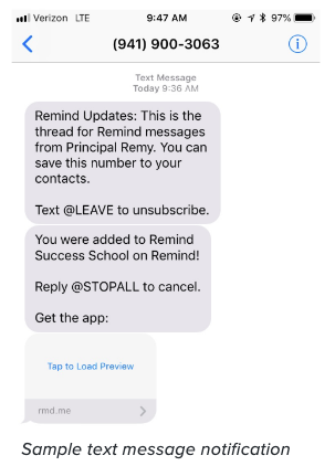 parent and student welcome to remind text message 